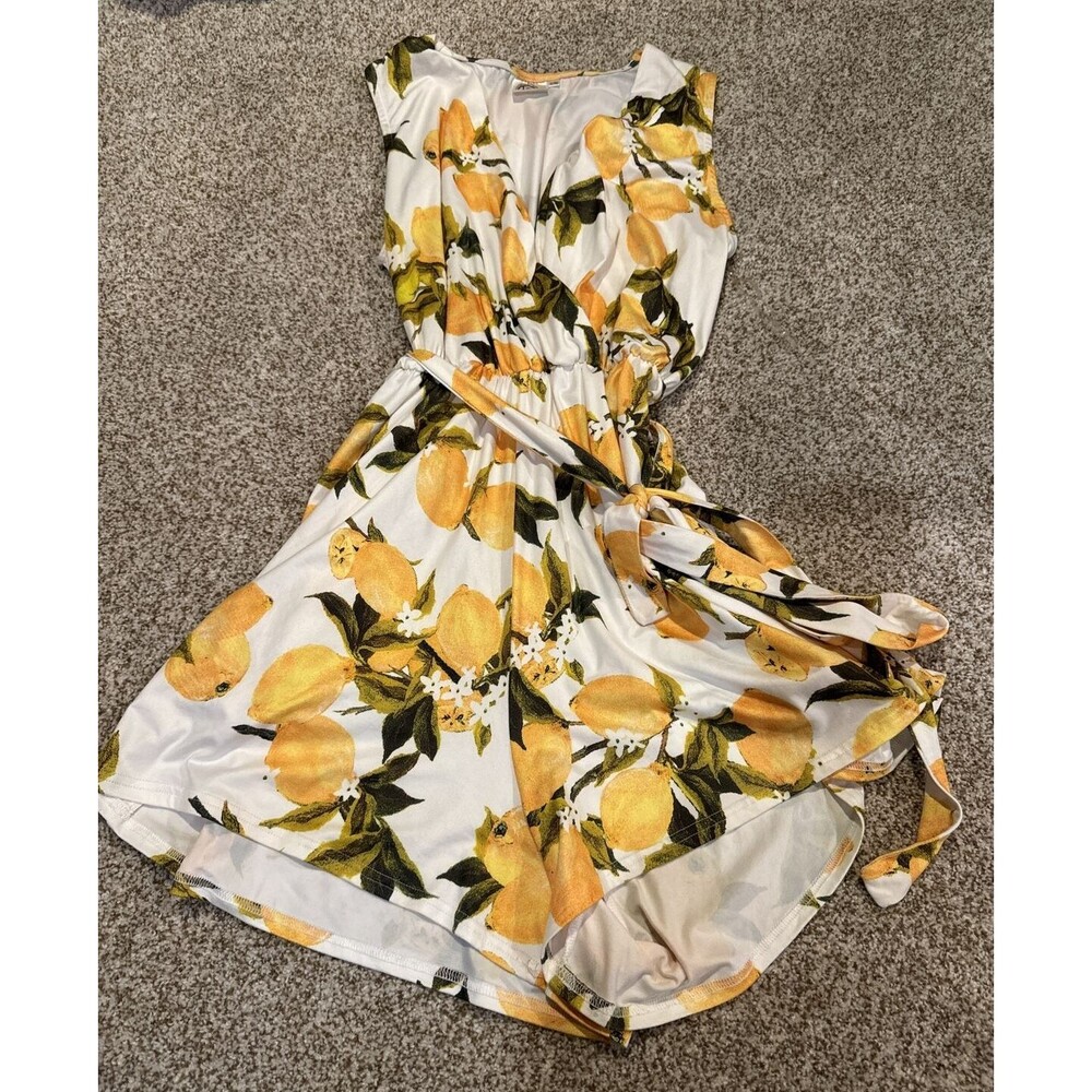 Women's Sleeveless Lemon Print Romper Tie Waist Large/XL